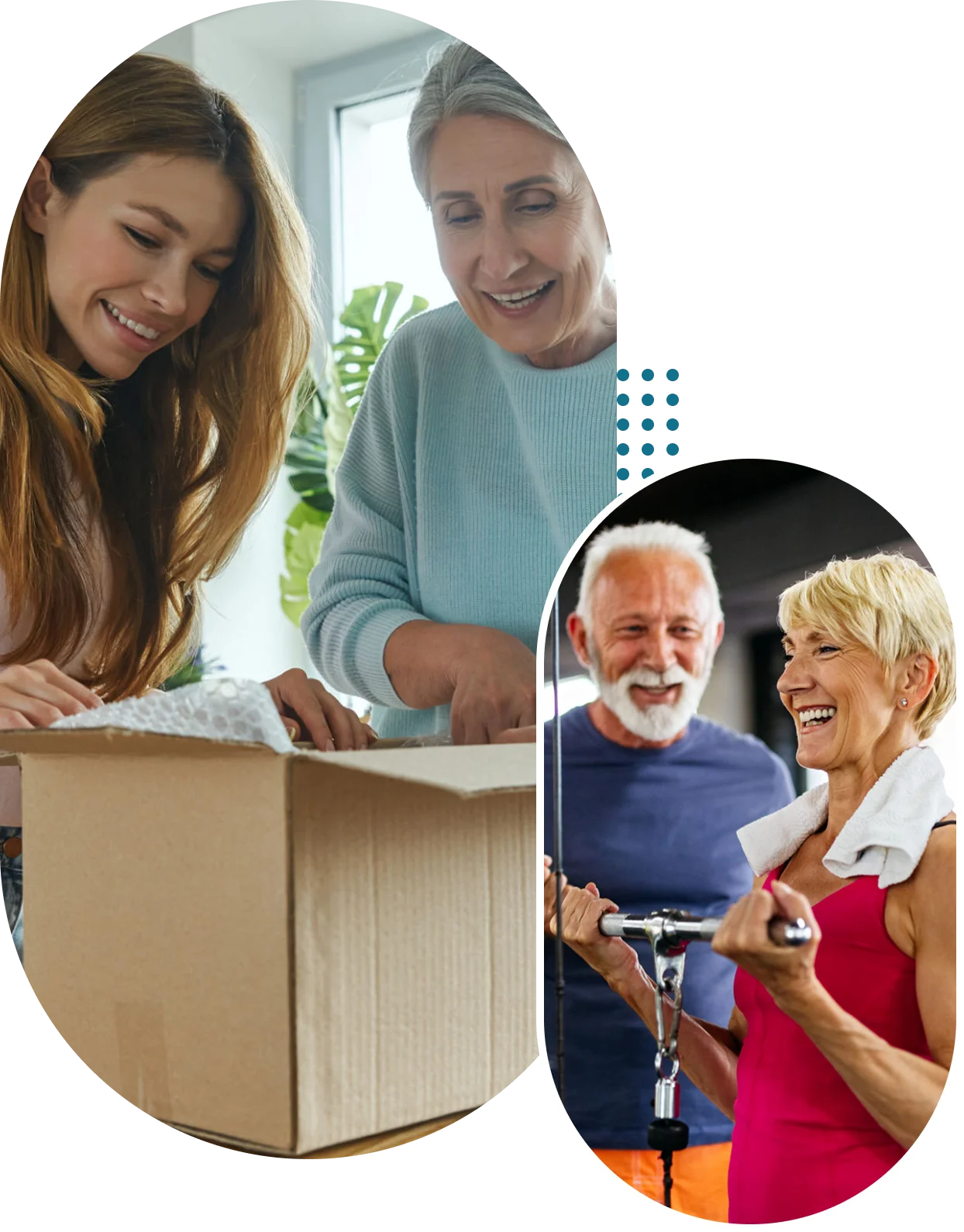 Women unpacking box; seniors exercising together.