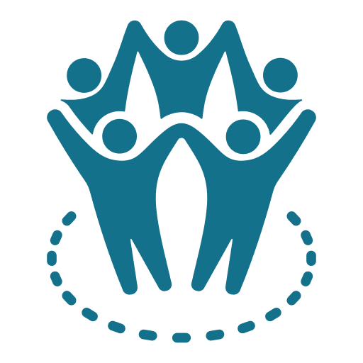 Abstract figures holding hands in circle.