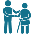 Person helping elderly person with cane.