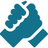 Blue handshake icon on black background.