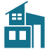 Blue geometric house icon on black background.