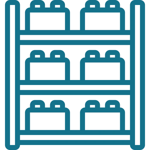 A three-tiered blue shelf with multiple compartments filled with various items.