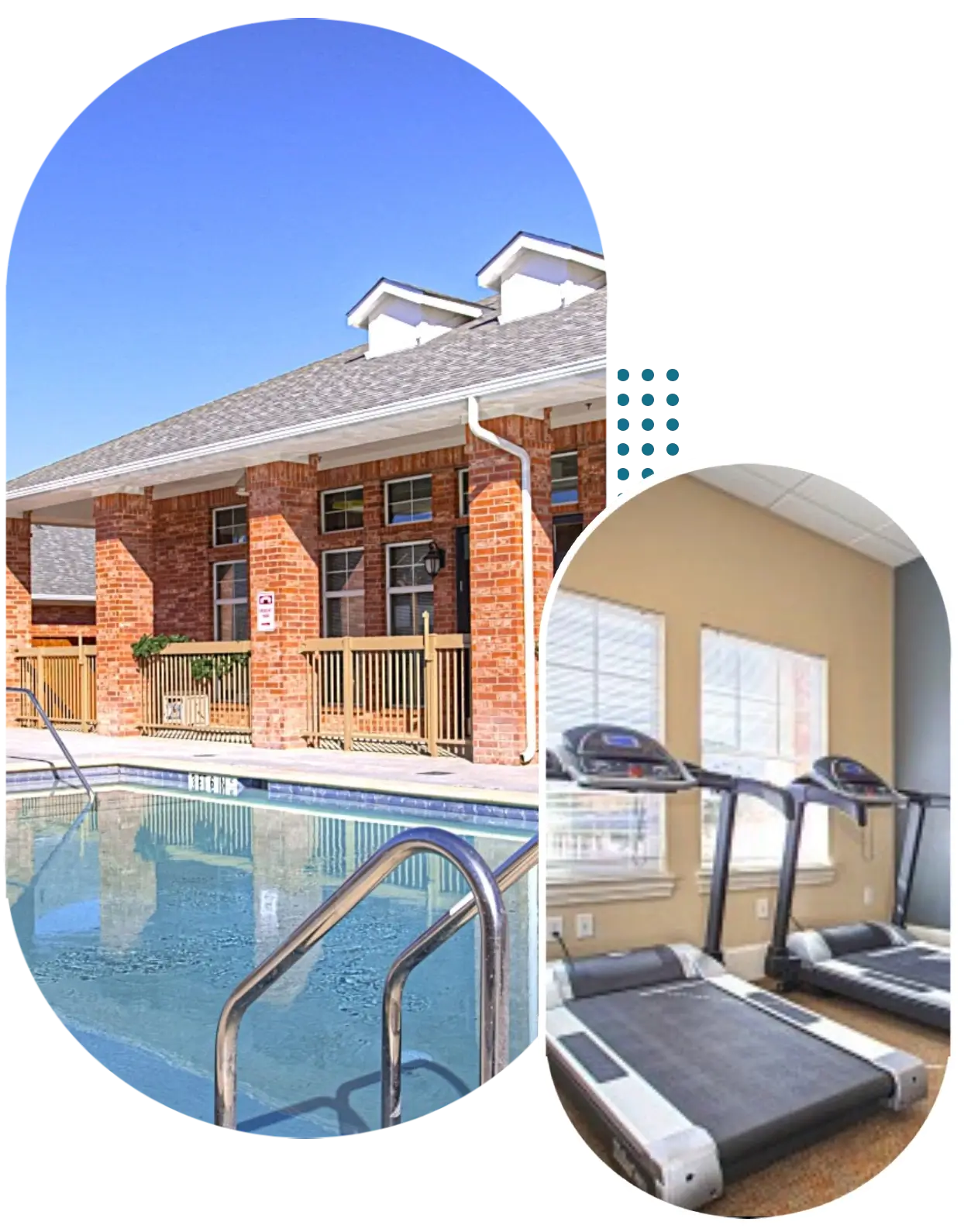 A modern home with a pool and a gym room featuring treadmills.
